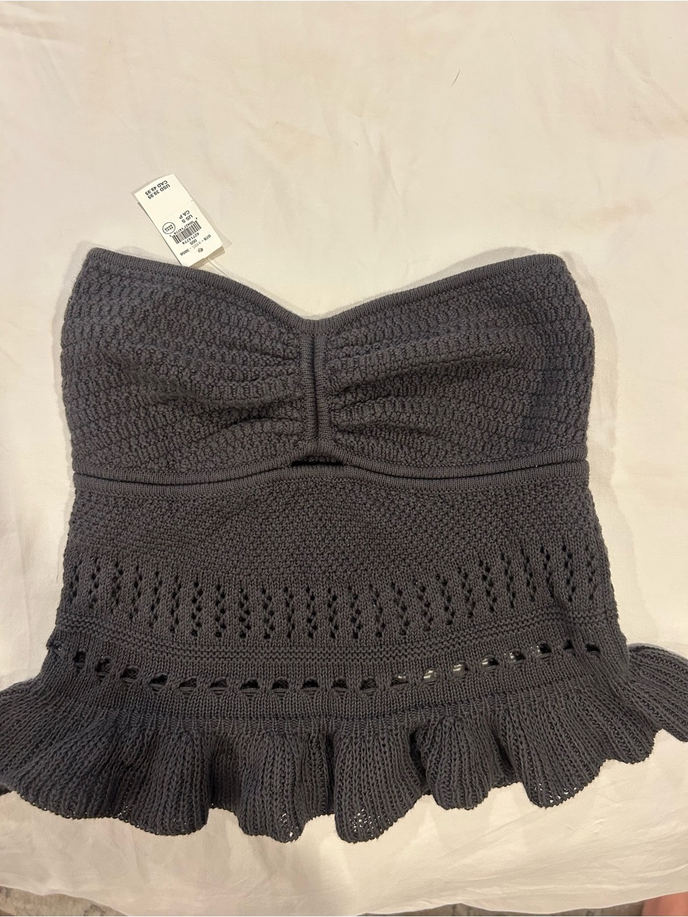 American Eagle Outfitters Charcoal Gray Crochet Knit Strapless Peplum Tube Top